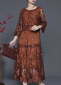 Brown Tulle Maxi Dresses Cinched Embroidered Summer