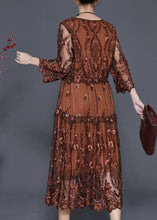 Load image into Gallery viewer, Brown Tulle Maxi Dresses Cinched Embroidered Summer