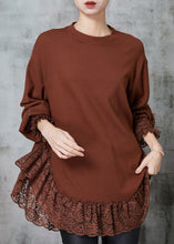 Load image into Gallery viewer, Caramel Patchwork Lace Cotton Loose Sweatshirt Oversized Spring