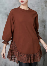 Load image into Gallery viewer, Caramel Patchwork Lace Cotton Loose Sweatshirt Oversized Spring