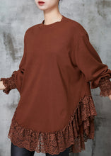 Load image into Gallery viewer, Caramel Patchwork Lace Cotton Loose Sweatshirt Oversized Spring