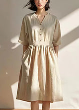 Load image into Gallery viewer, Casual Beige V Neck Pockets Wrinkled Linen Dresses Summer