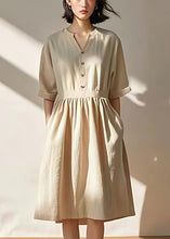 Load image into Gallery viewer, Casual Beige V Neck Pockets Wrinkled Linen Dresses Summer