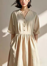 Load image into Gallery viewer, Casual Beige V Neck Pockets Wrinkled Linen Dresses Summer