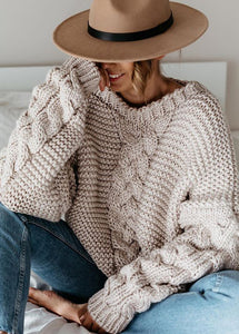 Casual Beige V Neck Thick Cable Knit Sweaters Fall