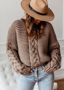 Casual Beige V Neck Thick Cable Knit Sweaters Fall