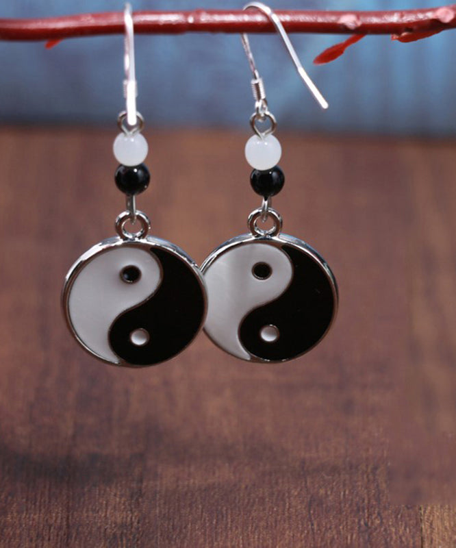 Casual Black And White Sterling Silver Jade Tai Chi Circular Drop Earrings