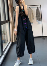 Load image into Gallery viewer, Casual Black Chinese Button Pockets Patchwork Linen Jumpsuits Summer