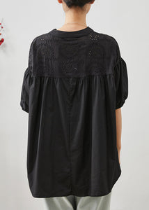 Casual Black Embroidered Patchwork Cotton Blouse Tops Summer