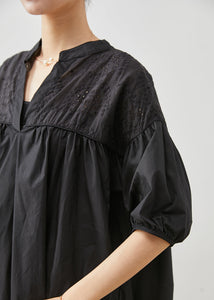 Casual Black Embroidered Patchwork Cotton Blouse Tops Summer