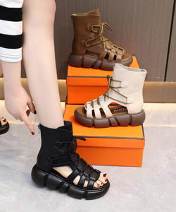 Casual Black Hollow Out Peep Toe Lace Up Platform Sandals