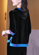 Load image into Gallery viewer, Casual Black Hooded Patchwork Silk Velour Pullover Sweatshirt Half sleeve