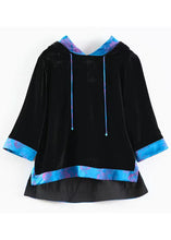 Load image into Gallery viewer, Casual Black Hooded Patchwork Silk Velour Pullover Sweatshirt Half sleeve