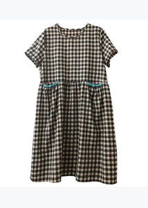 Casual Black Plaid O-Neck Patchwork Cotton Mid Dress Summer