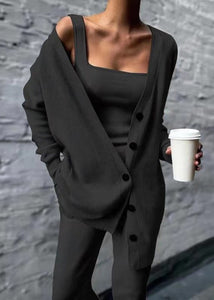 Casual Black V Neck Button Knit Three Pieces Set Fall