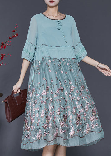 Casual Blue Embroidered Ruffled Silk Dress Half Sleeve