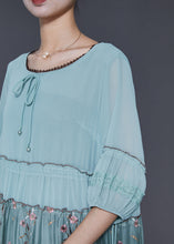 Load image into Gallery viewer, Casual Blue Embroidered Ruffled Silk Dress Half Sleeve