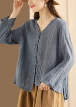 Load image into Gallery viewer, Casual Blue V Neck Button Wrinkled Linen Top Long Sleeve