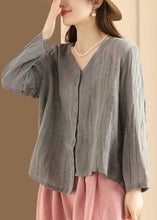 Load image into Gallery viewer, Casual Blue V Neck Button Wrinkled Linen Top Long Sleeve