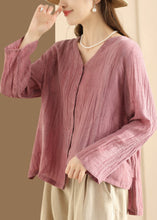 Load image into Gallery viewer, Casual Blue V Neck Button Wrinkled Linen Top Long Sleeve