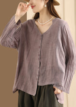 Load image into Gallery viewer, Casual Blue V Neck Button Wrinkled Linen Top Long Sleeve