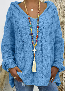 Casual Blue V Neck Hooded Loose Knit Sweaters Fall