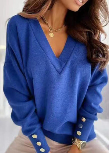 Casual Blue V Neck Patchwork Loose Cotton Tops Fall