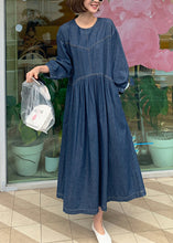 Load image into Gallery viewer, Casual Denim Blue O-Neck Wrinkled Patchwork Long Dress Spring