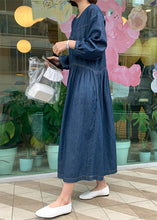 Load image into Gallery viewer, Casual Denim Blue O-Neck Wrinkled Patchwork Long Dress Spring