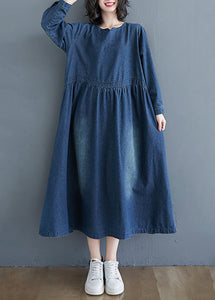 Casual Denim Blue Patchwork Long Dress Long Sleeve