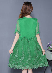 Casual Green Embroidered Ruffled Silk Vacation Dresses Summer