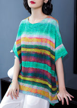 Load image into Gallery viewer, Casual Green O Neck Striped Patchwork Linen T Shirts Tops Summer