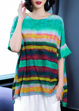 Load image into Gallery viewer, Casual Green O Neck Striped Patchwork Linen T Shirts Tops Summer