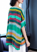 Load image into Gallery viewer, Casual Green O Neck Striped Patchwork Linen T Shirts Tops Summer