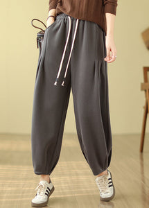 Casual Grey Pockets Elastic Waist Warm Fleece Pants Winter