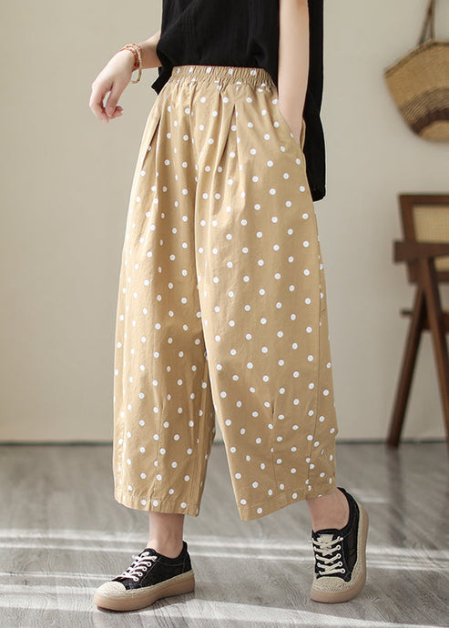 Casual Khaki Dot Pockets Elastic Waist Cotton Crop Pants Fall