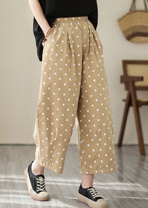 Casual Khaki Dot Pockets Elastic Waist Cotton Crop Pants Fall