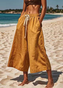 Casual Khaki Patchwork Elastic Waist Wide Leg Pants