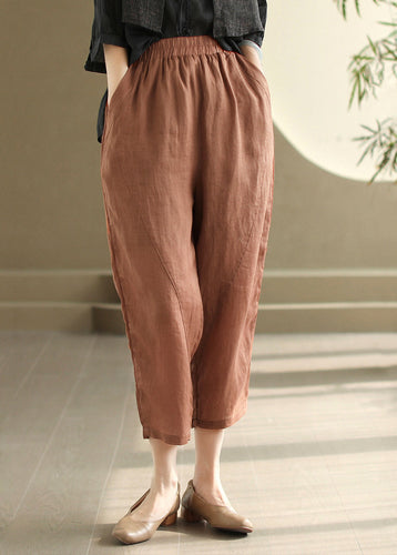 Casual Orange Pockets Elastic Waist Linen Pants Summer