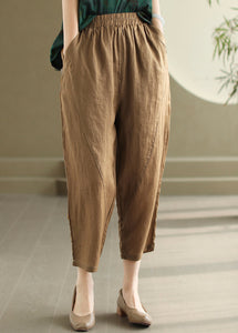 Casual Orange Pockets Elastic Waist Linen Pants Summer