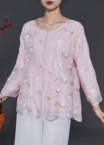 Casual Pink Embroidered Organza Blouses Summer