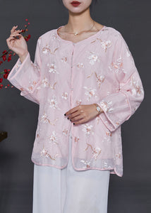 Casual Pink Embroidered Organza Blouses Summer