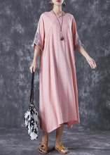 Load image into Gallery viewer, Casual Pink Embroidered Linen A Line Dress Half Sleeve