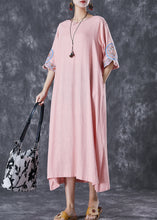 Load image into Gallery viewer, Casual Pink Embroidered Linen A Line Dress Half Sleeve