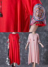 Load image into Gallery viewer, Casual Pink Embroidered Linen A Line Dress Half Sleeve