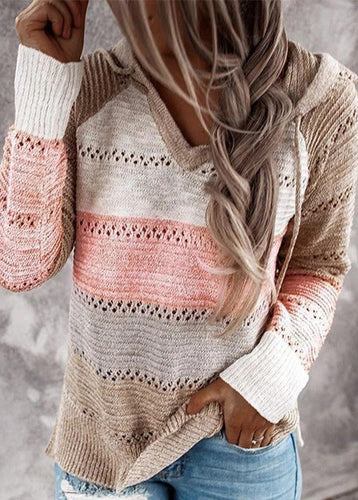 Casual Pink Hooded Hollow Out Thin Knit Top Fall