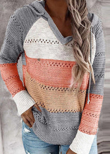 Casual Pink Hooded Hollow Out Thin Knit Top Fall