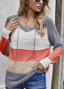 Casual Pink Hooded Hollow Out Thin Knit Top Fall