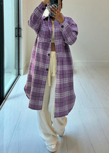 Casual Purple Pockets Plaid Woolen Shirts Coat Fall