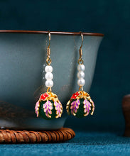 Load image into Gallery viewer, Casual Rainbow Sterling Silver Overgild Pearl Chalcedony Hollow Out Floral Drop Earrings